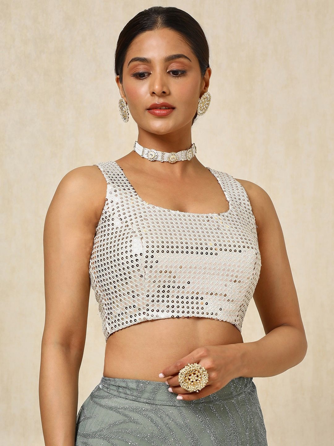 

Soch Embellished Padded Saree Blouse, Cream