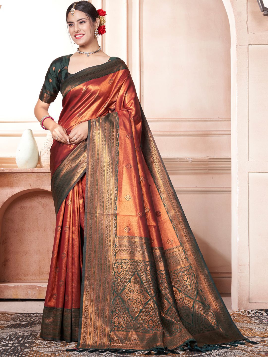 

Mitera Woven Design Zari Kanjeevaram Saree, Orange