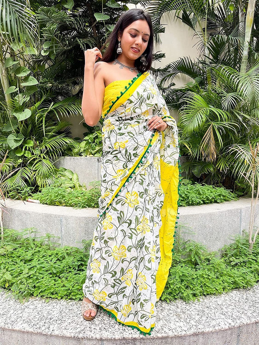 

Craft Musium Floral Pure Cotton Bagru Saree, Yellow