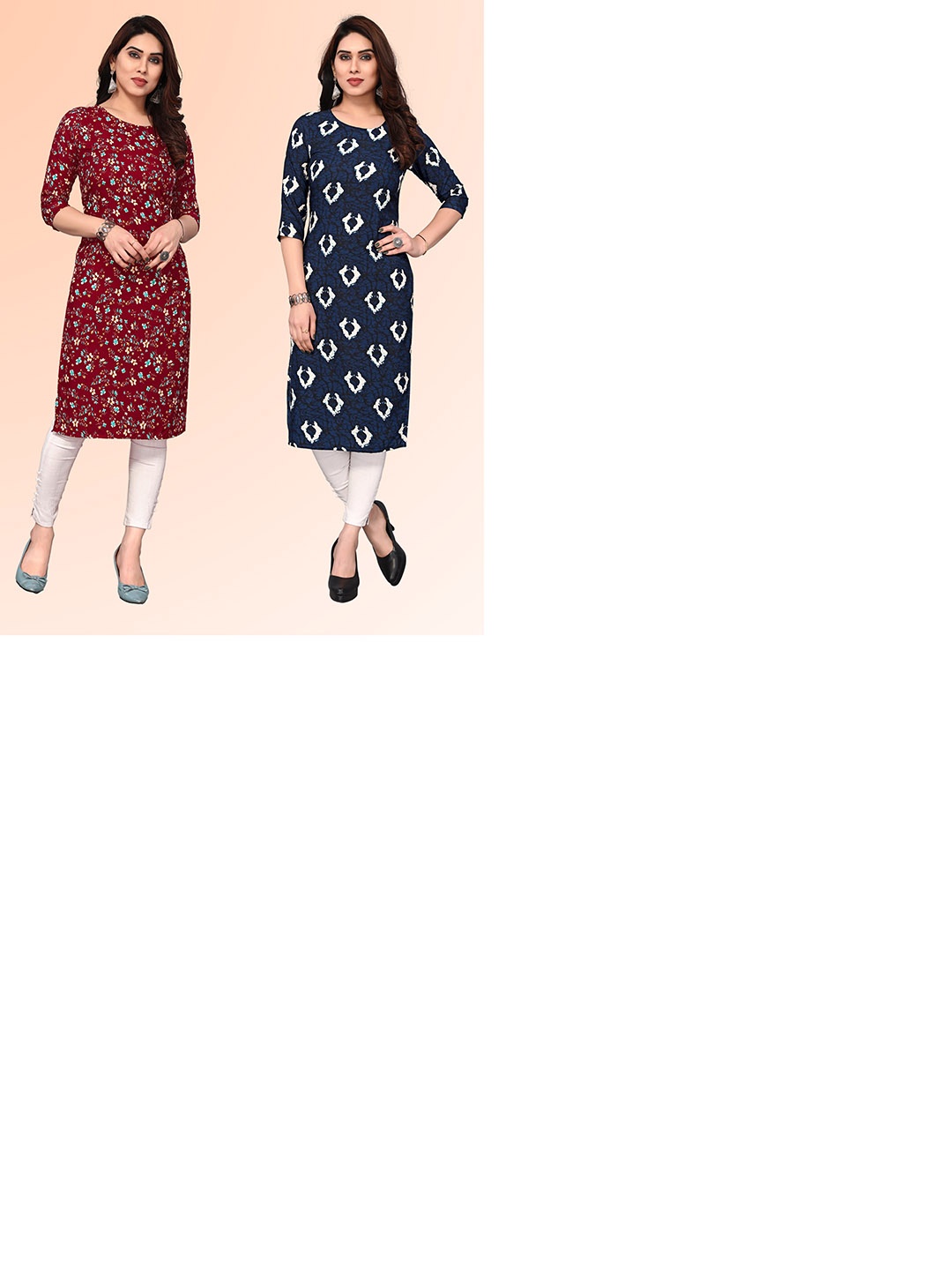 

KETAKI FASHION Selection Of 2 Floral Printed Round Neck Straight Kurtas, Maroon