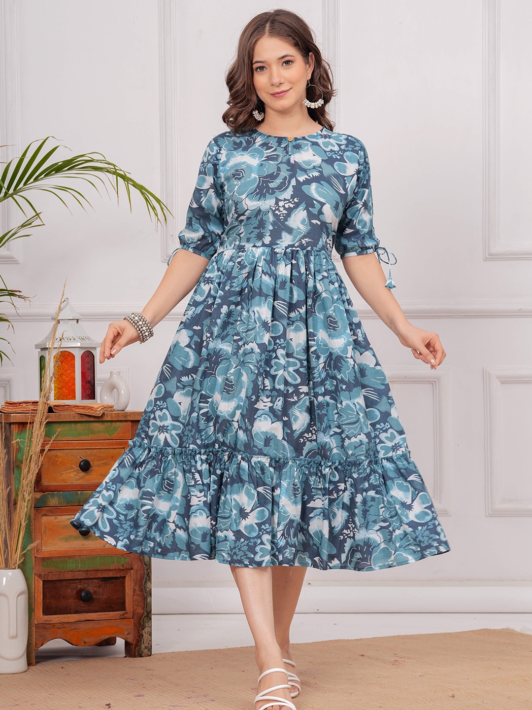 

Twirl Tales Women Floral Printed Puff Sleeve Cotton A-Line Midi Dress, Blue