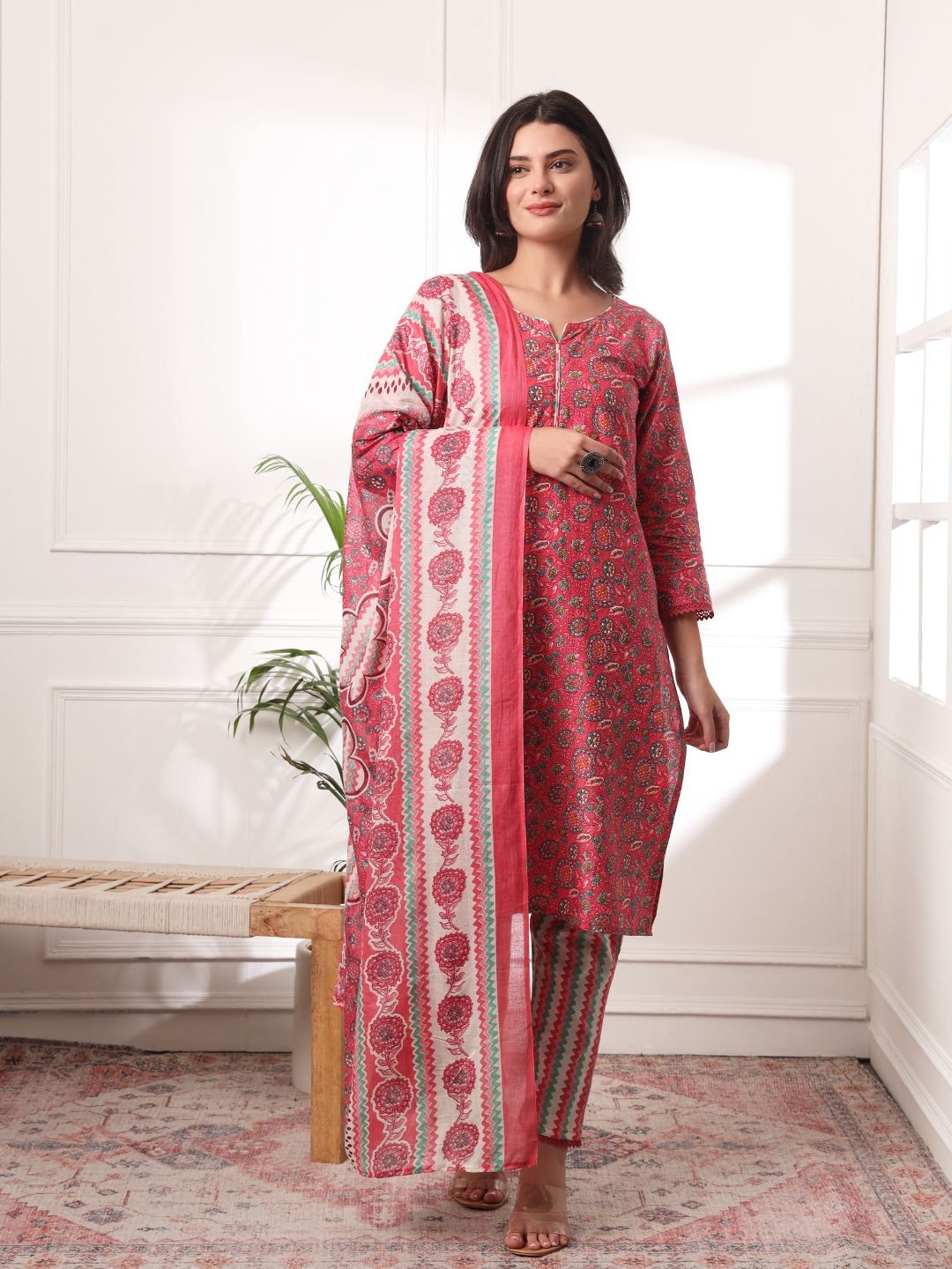 

KALINI Floral Printed Notch Neck Pure Cotton Kurta With Trousers And Dupatta, Pink