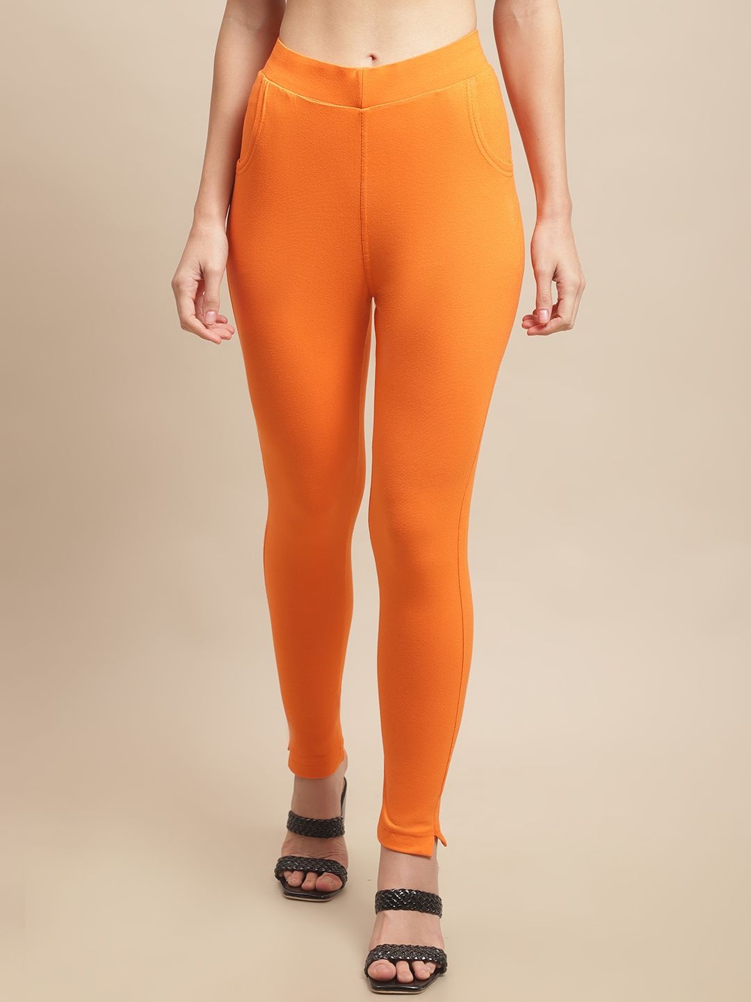 

Valles365 by S.C. Ankle Length Plus Cotton Legging with Pockets, Orange