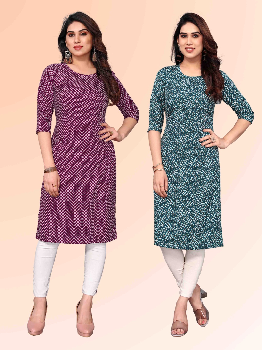 

KETAKI FASHION Selection Of 2 Floral Printed Round Neck Straight Kurtas, Maroon