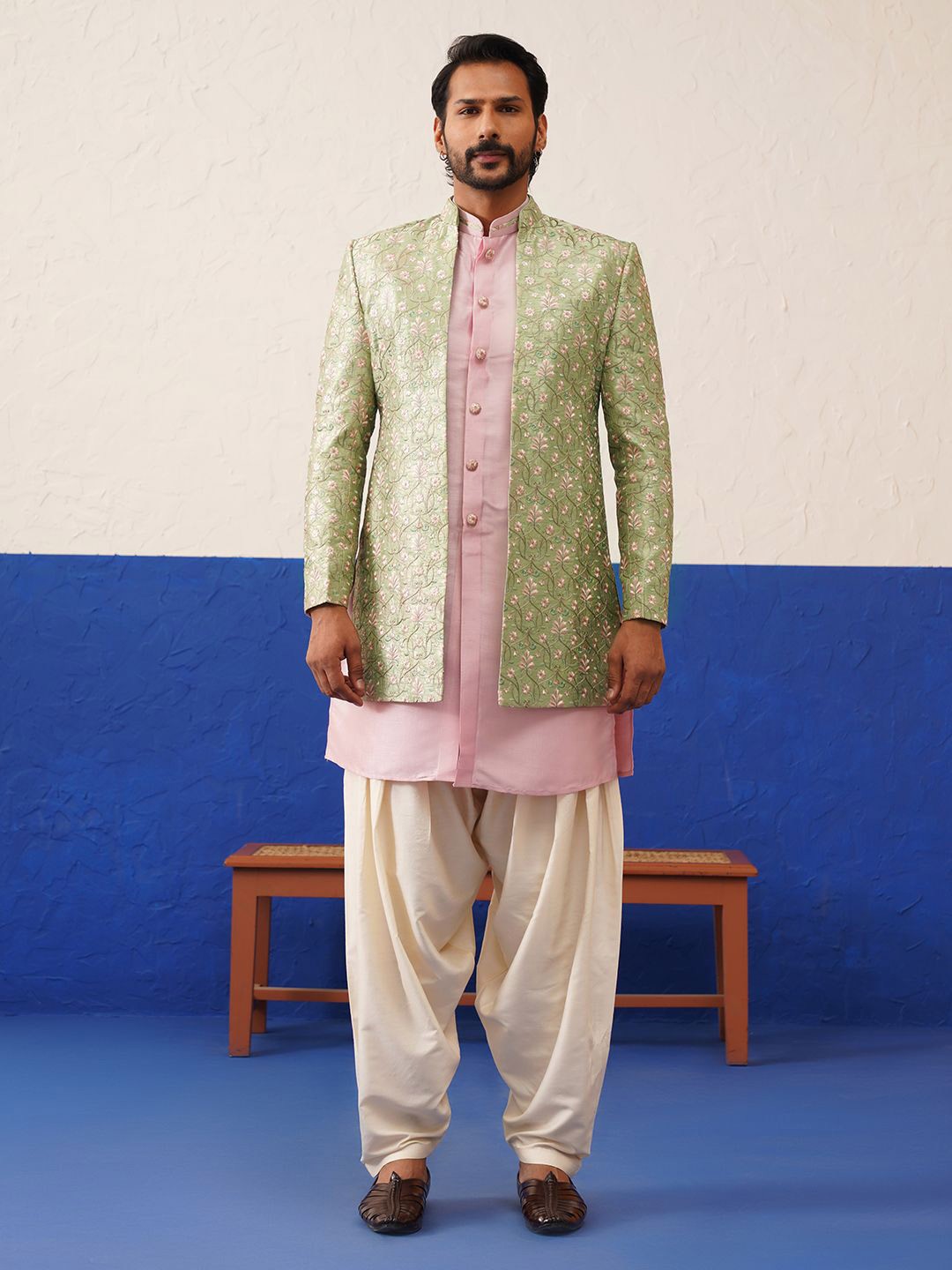 

TheEthnic.Co Men Sage Green Floral Embroidered Indo Sherwani Set