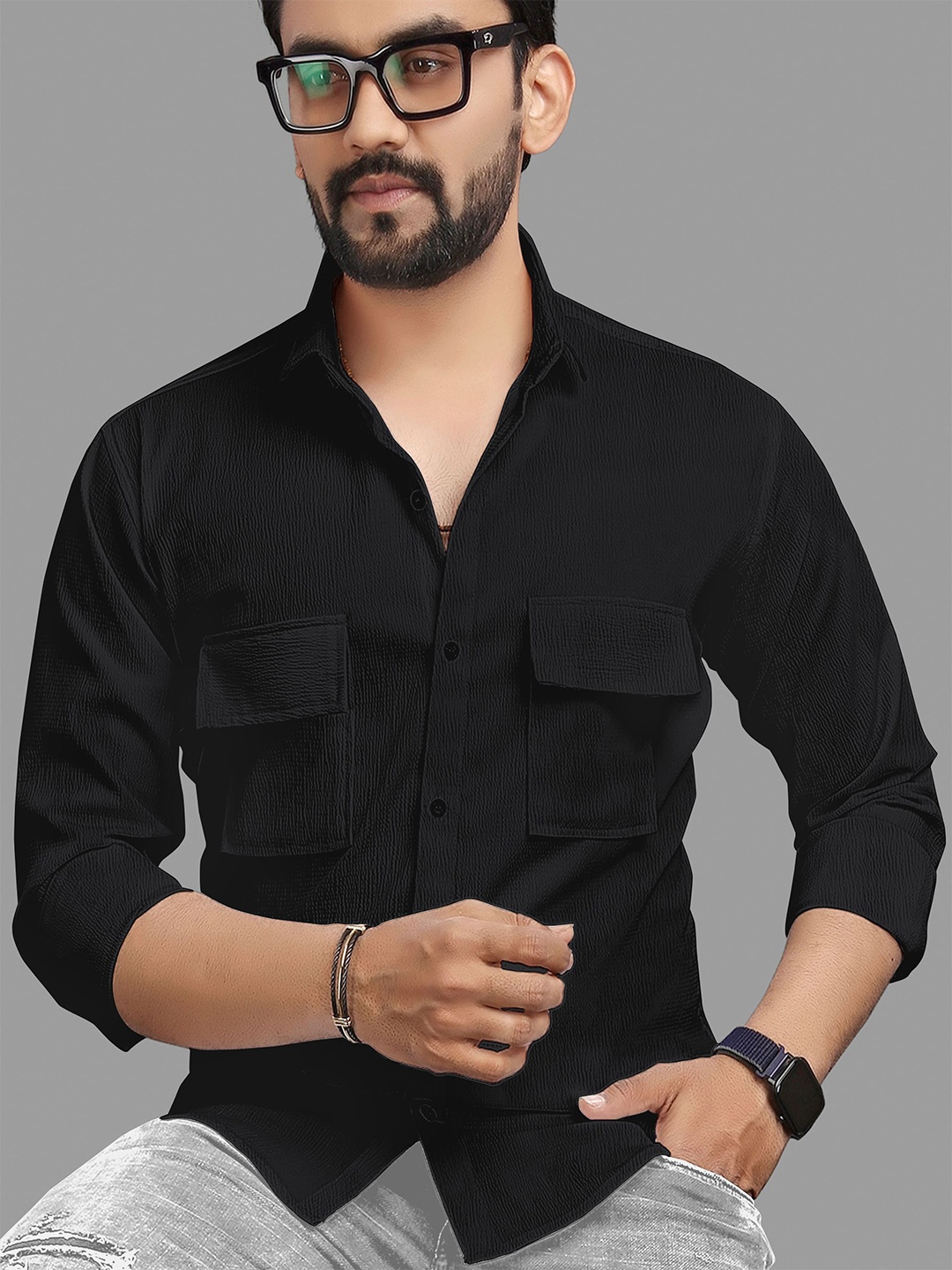 

WOXEN Men Original Fit Spread Collar Solid Cotton Casual Shirt, Black