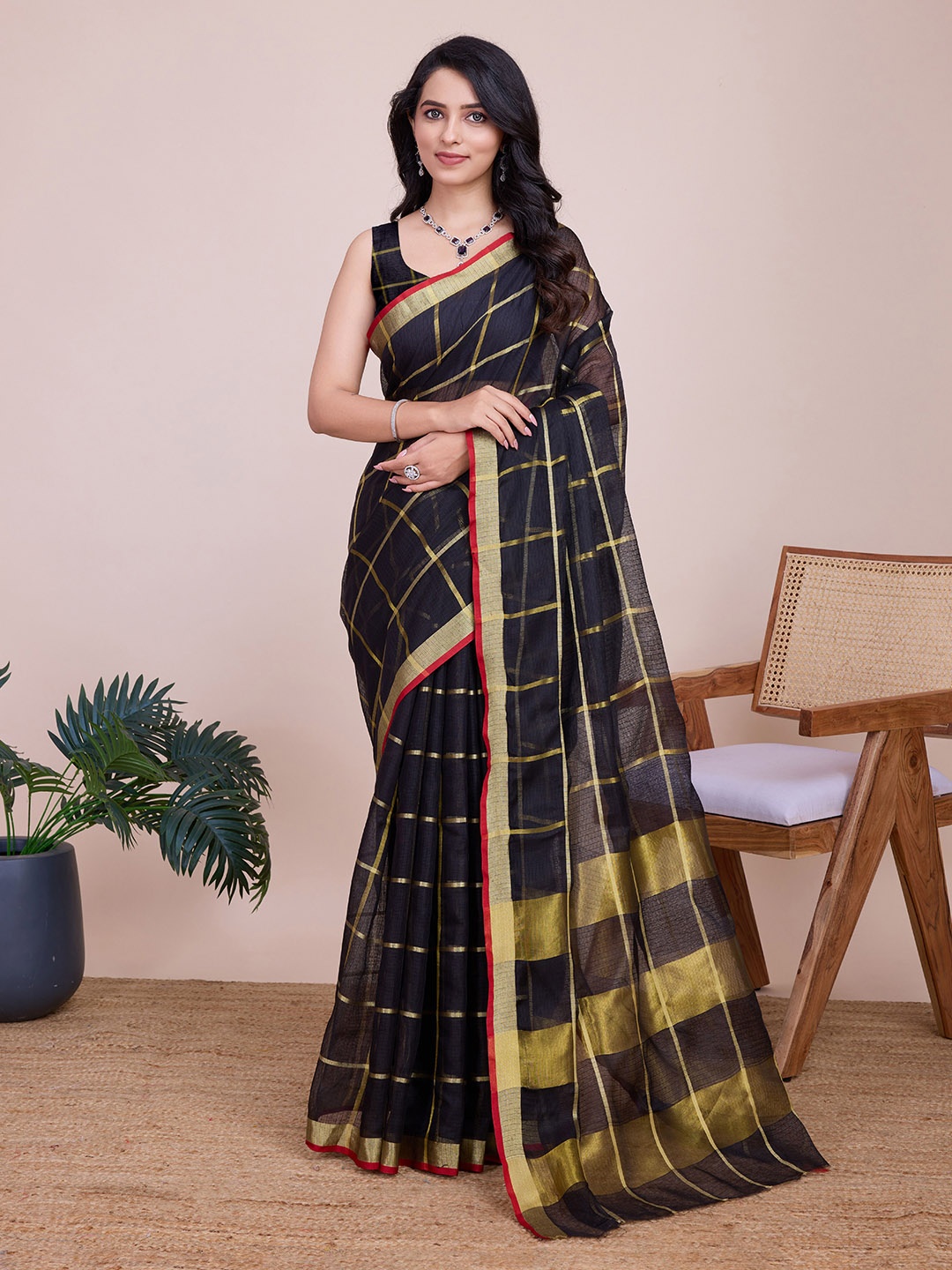 

Upalksh Woven Design Checked Zari Banarasi Saree, Black