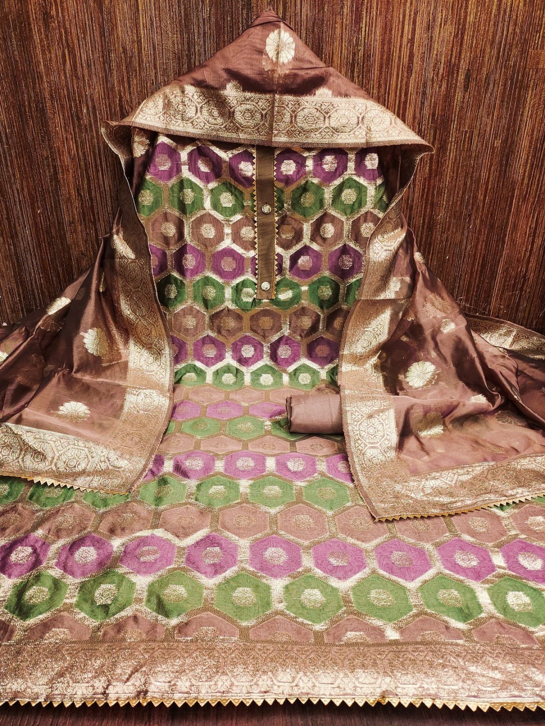 

A TO Z CART Geometric Embroidered Pure Silk Unstitched Dress Material, Brown