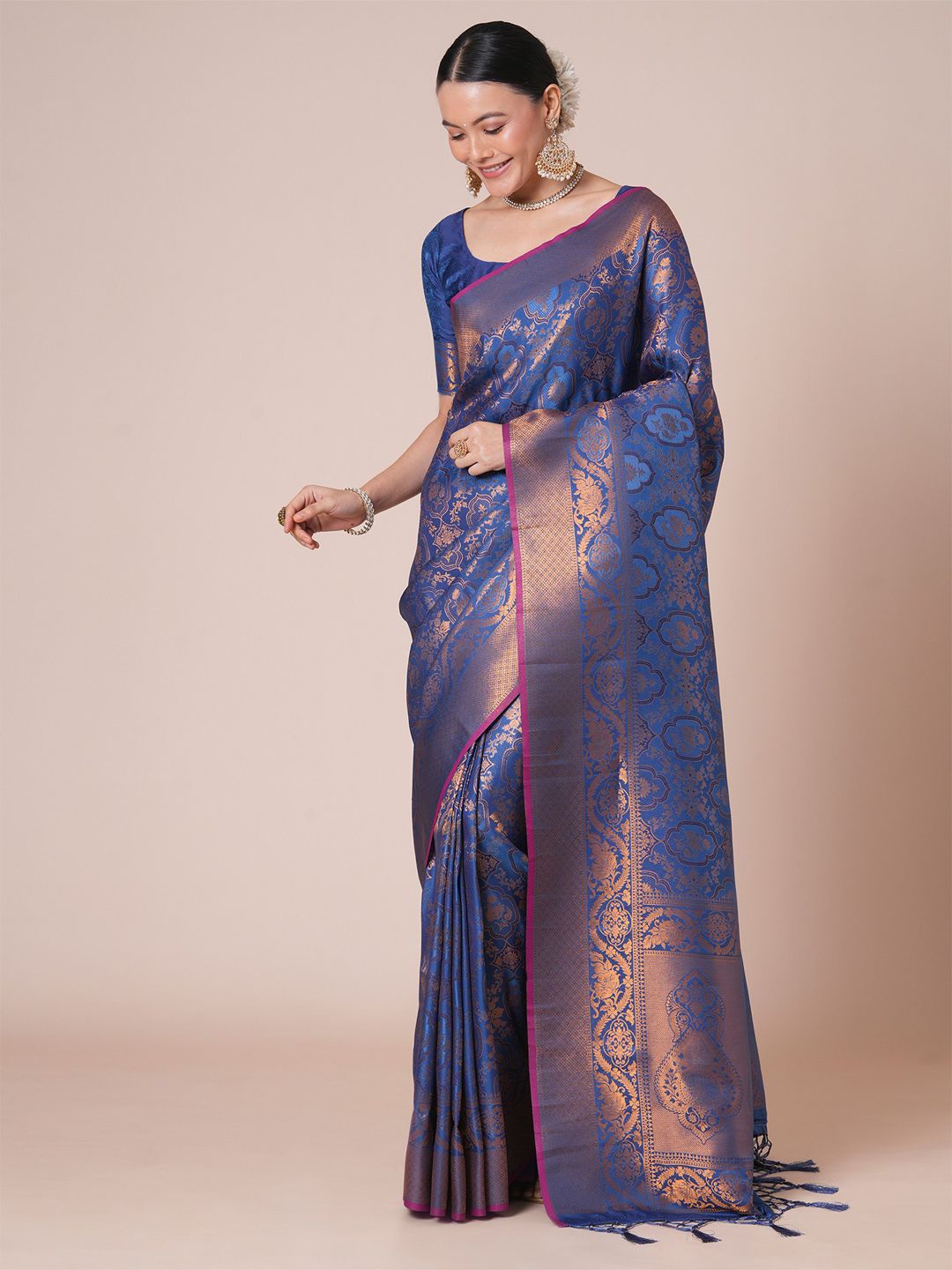 

House of Pataudi Ethnic Motifs Woven Design Kanjeevaram Saree With Blouse Piece, Navy blue