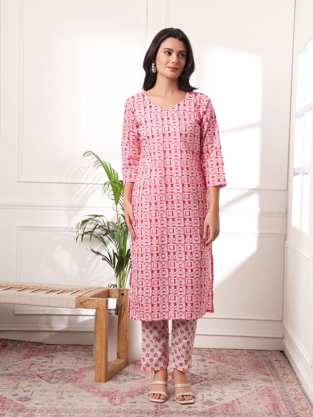 

KALINI Ethnic Motifs Printed Pure Cotton Kurta With Trousers And Dupatta, Pink