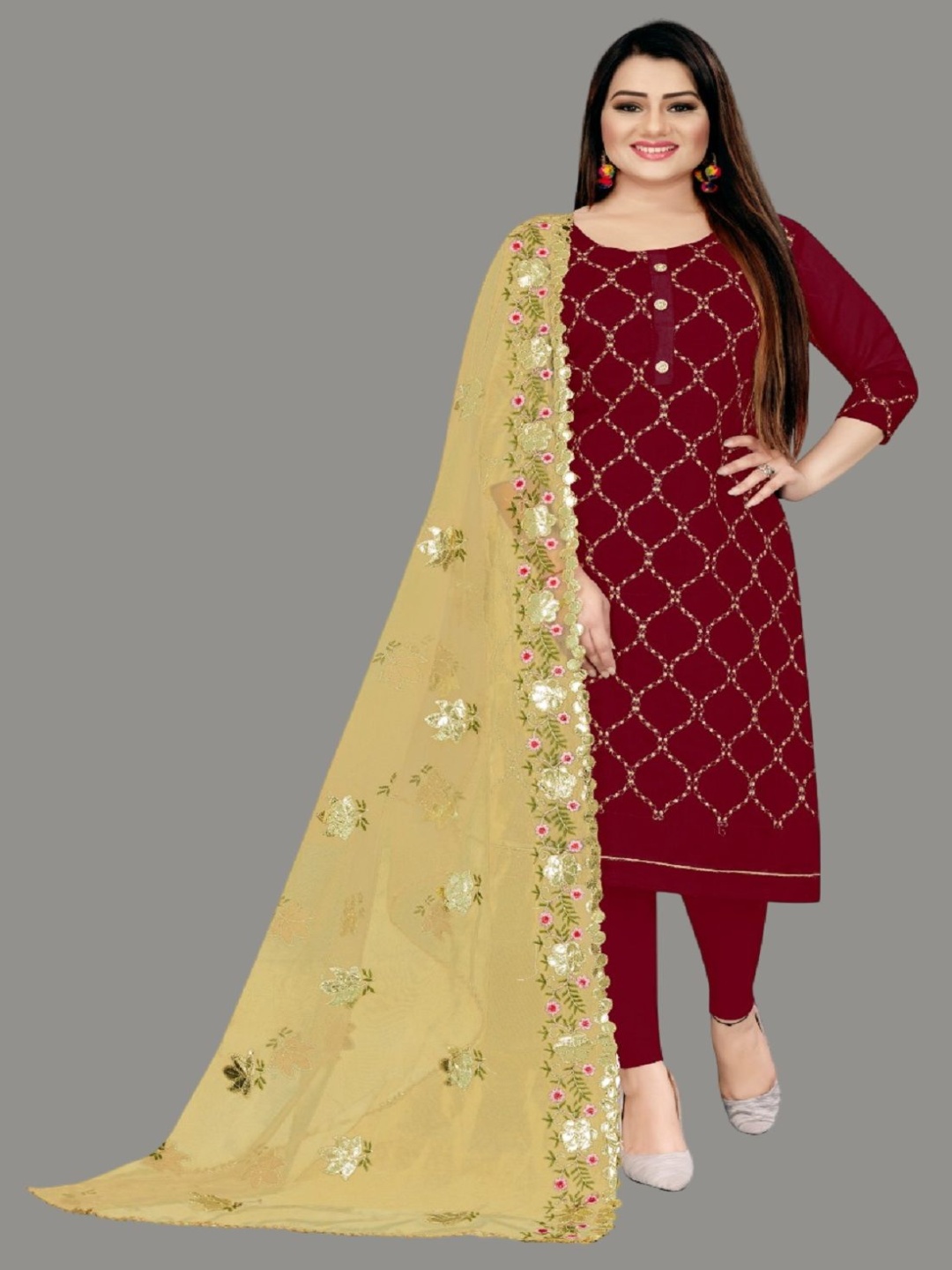 

A TO Z CART Geometric Embroidered Chanderi Unstitched Dress Material, Maroon