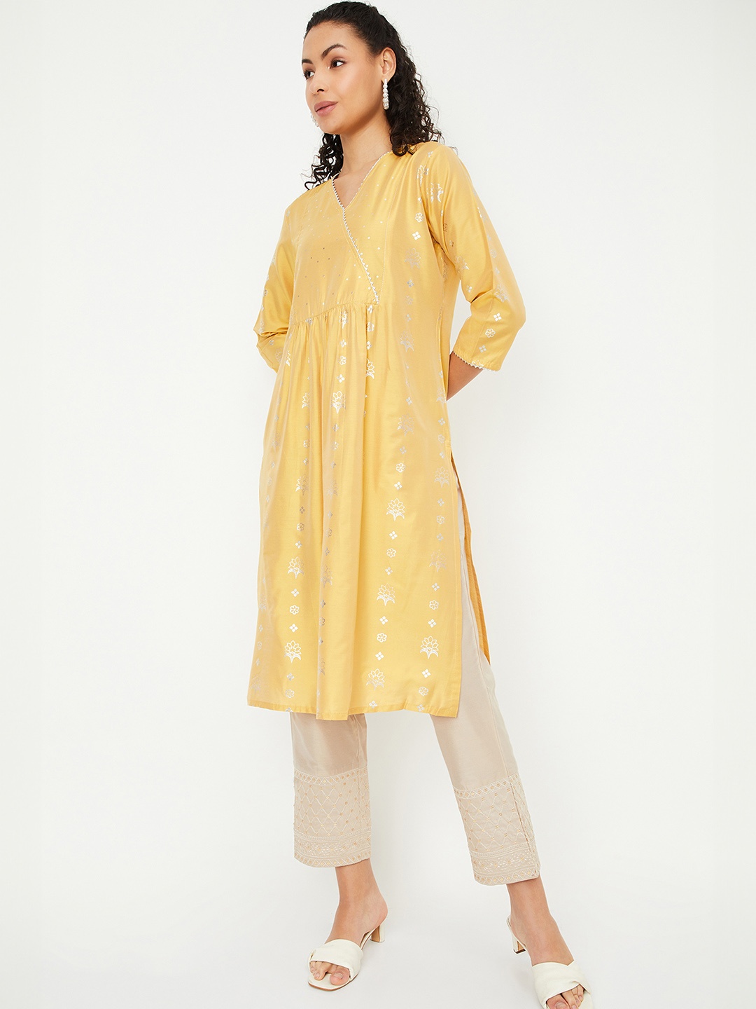 

max Ethnic Motifs Printed Pleated V-Neck A-Line Kurta, Yellow