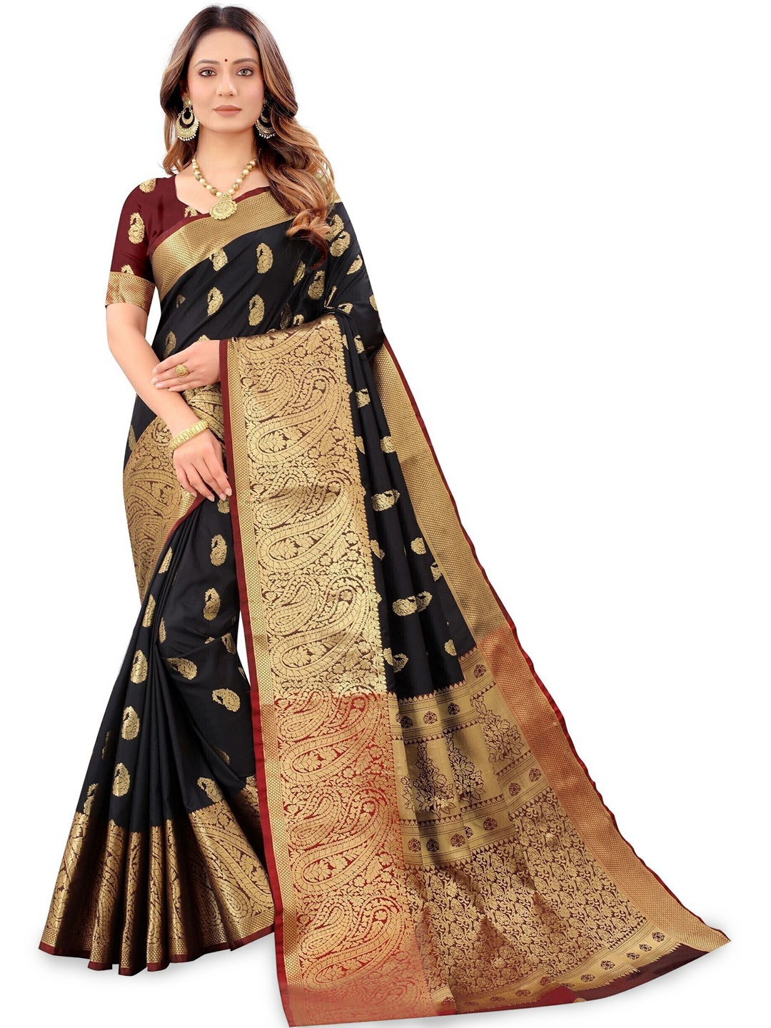 

Upalksh Ethnic Motifs Woven Design Zari Pure Silk Banarasi Saree, Black