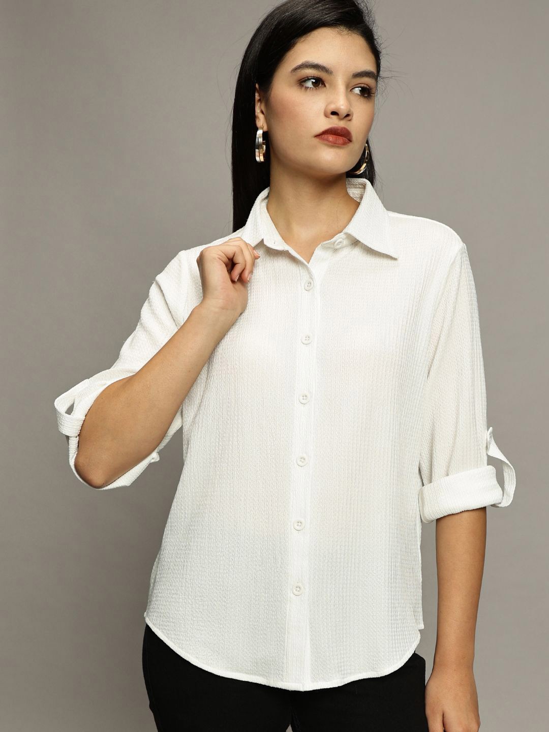 

The Roadster Lifestyle Co. Women Premium Fit Spread Collar Textured Casual Shirt, White