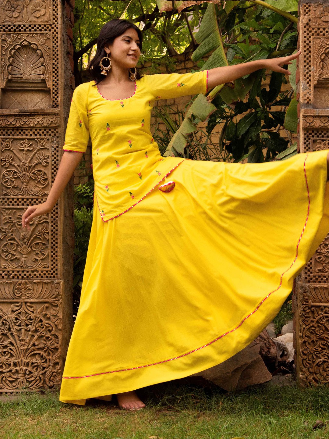 

Pomcha Embroidered Thread Work Cotton Ready to Wear Lehenga & Blouse With Dupatta, Yellow