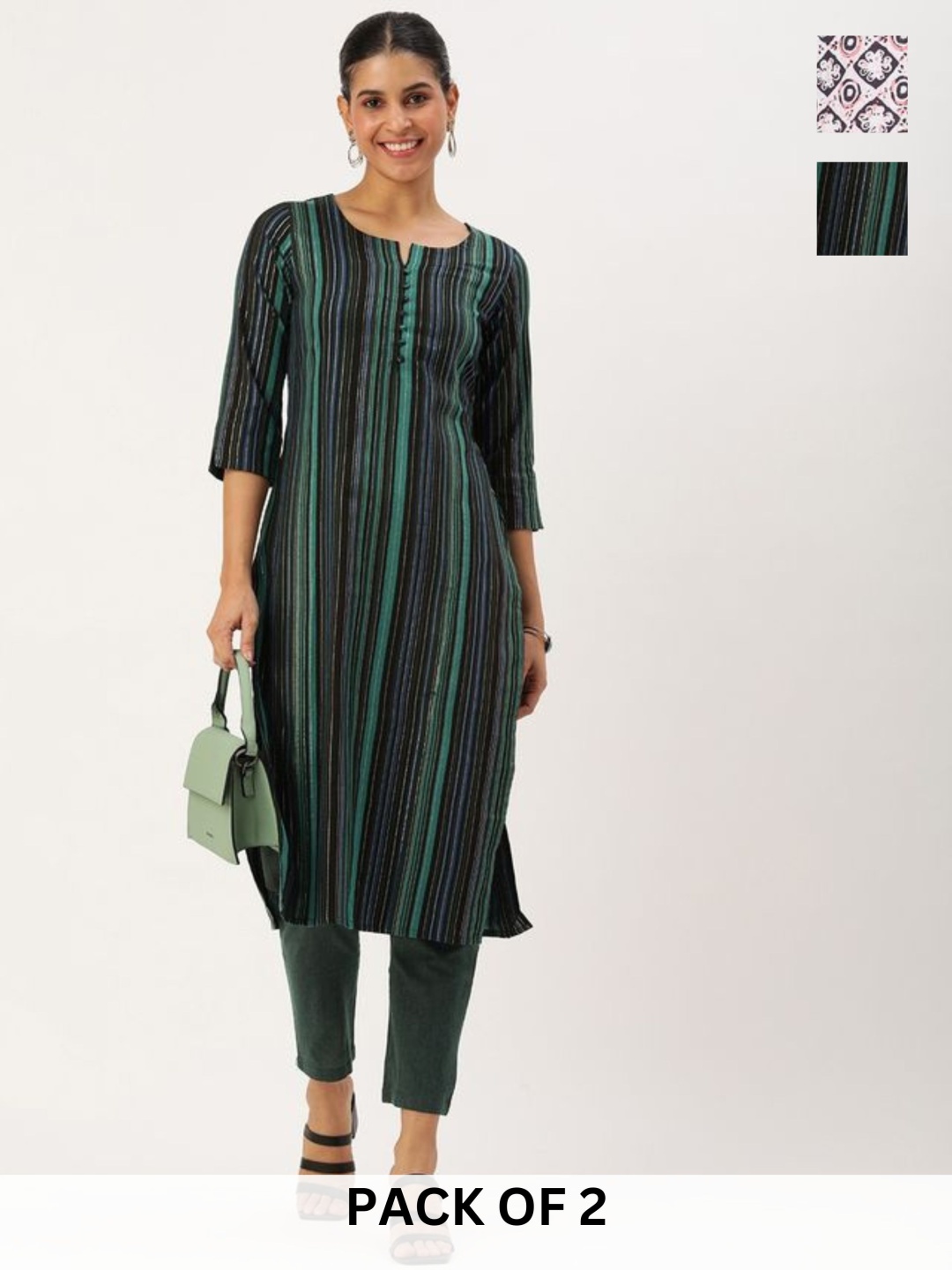 

KALINI Selection Of 2 Striped Notch Neck Kurta with Trousers, Green