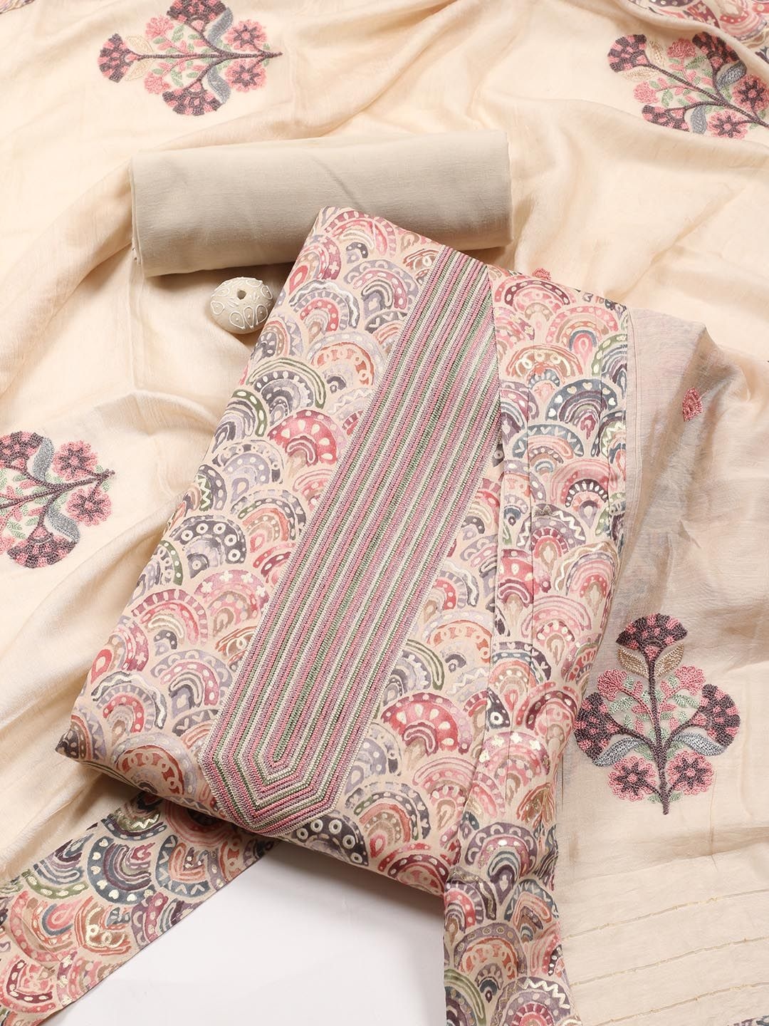 

Meena Bazaar Printed Unstitched Dress Material, Beige
