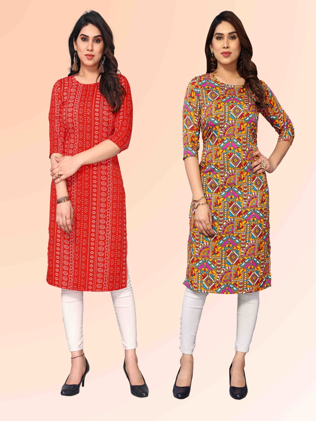 

KETAKI FASHION Selection of 2 Ethnic Motifs Printed Round Neck Straight Kurtas, Grey