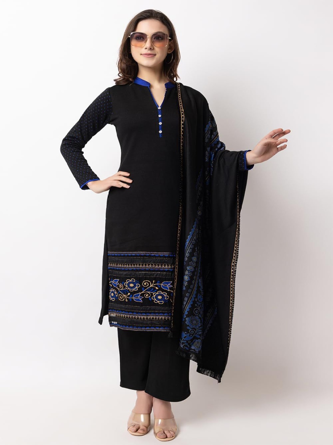 

ROSARY Mandarin Collar Long Sleeves Jacquard Straight Kurta With Palazzos And Dupatta, Blue