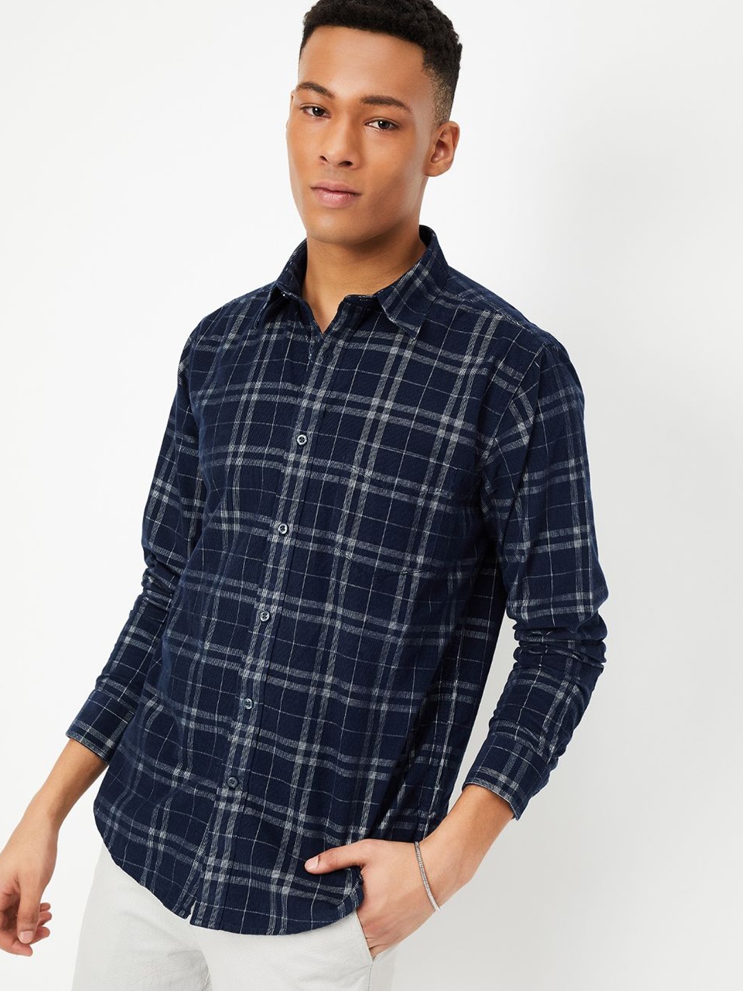 

max Men Spread Collar Tartan Checked Cotton Casual Shirt, Navy blue