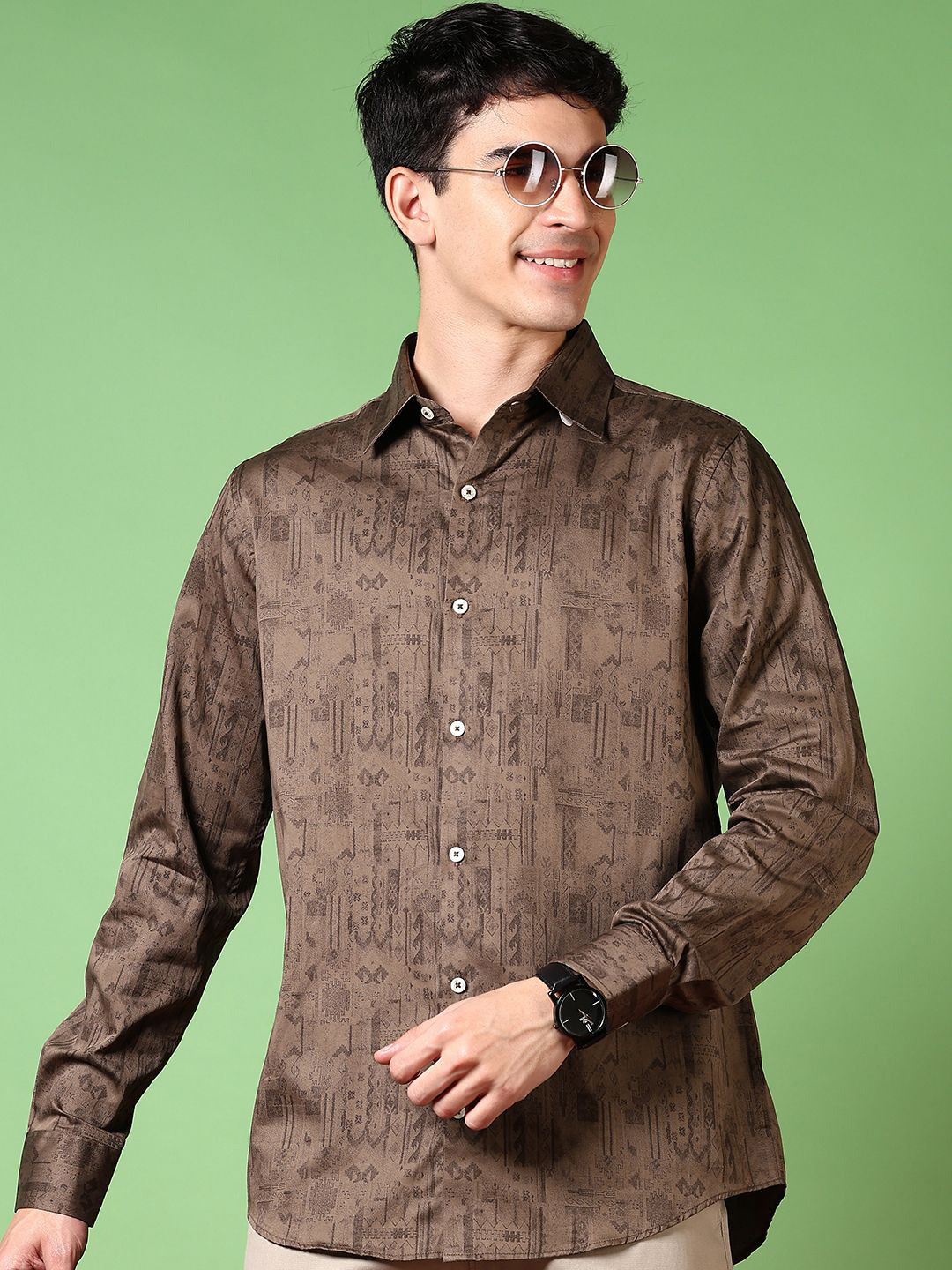 

V-Mart Men Opaque Printed Party Shirt, Brown