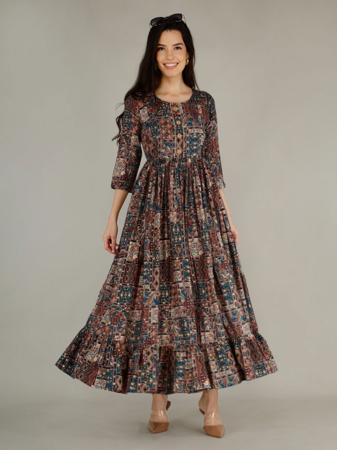 

SupBir Women Printed Maternity Maxi Ethnic Dress, Beige
