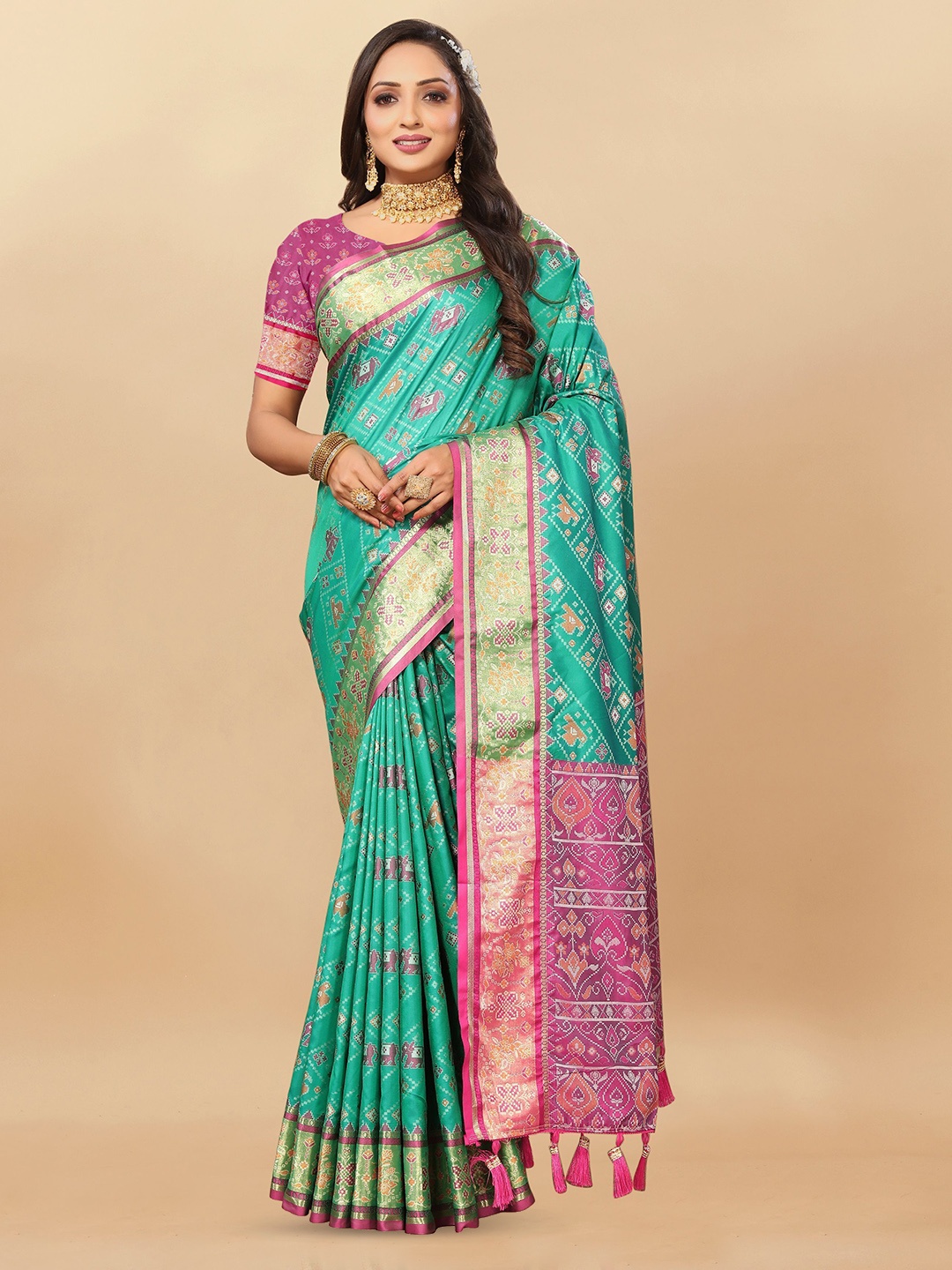

Upalksh Ethnic Motifs Woven Design Zari Patola Saree, Green