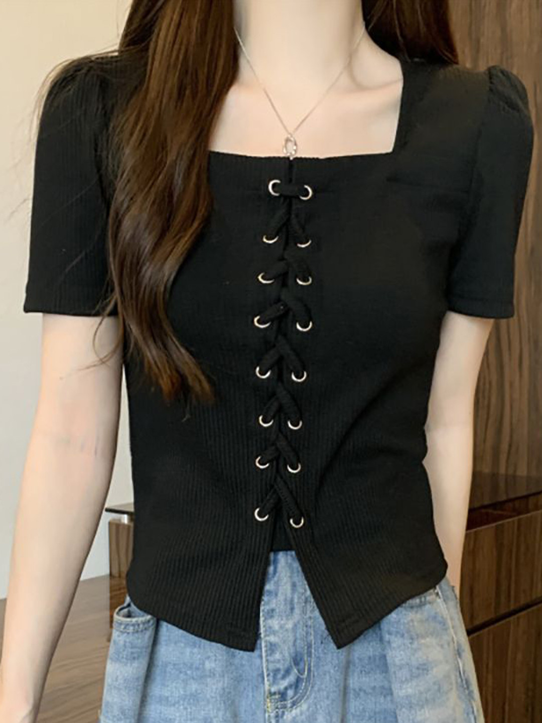 

StyleCast x Revolte Women Square Neck A-Line Top, Black