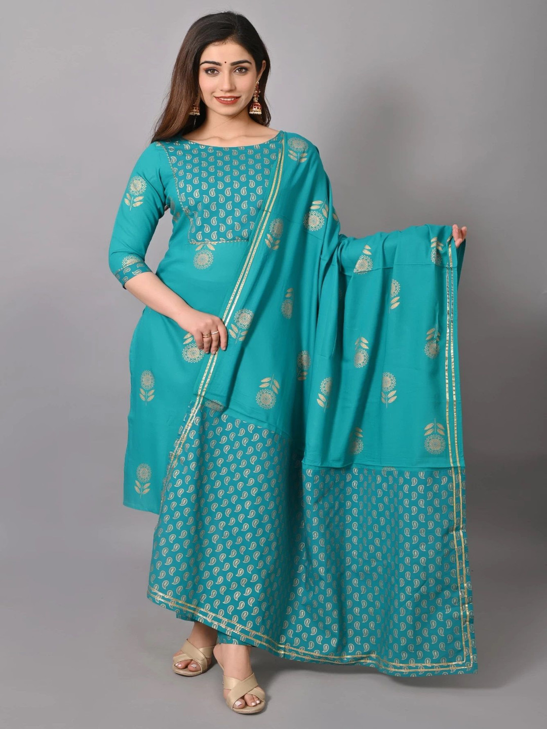 

Moda Rapido Floral Printed Boat Neck Straight Kurta with Trousers And Dupatta, Sea green