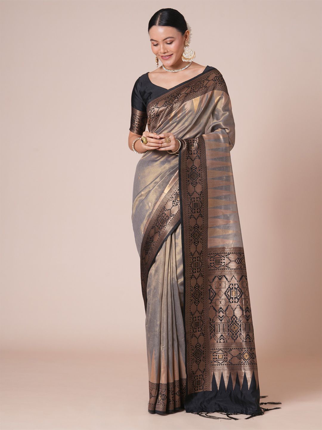

House Of Pataudi Ethnic Motifs Woven Design Banarasi Saree With Blouse Piece, Grey