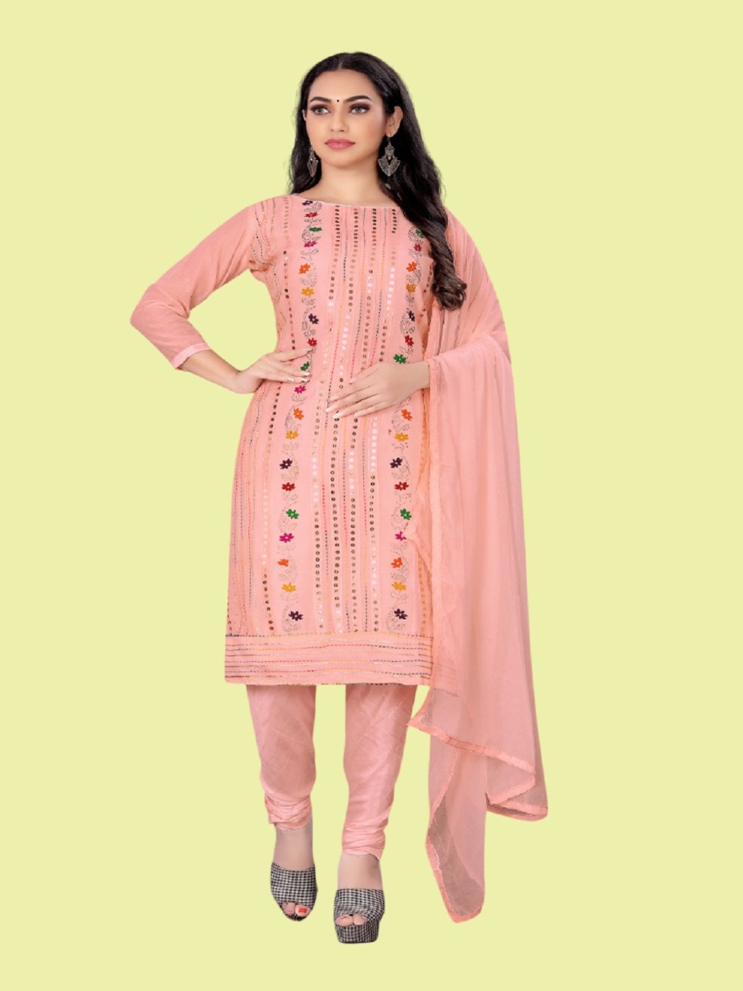 

A TO Z CART Floral Embroidered Sequinned Chanderi Unstitched Dress Material, Pink