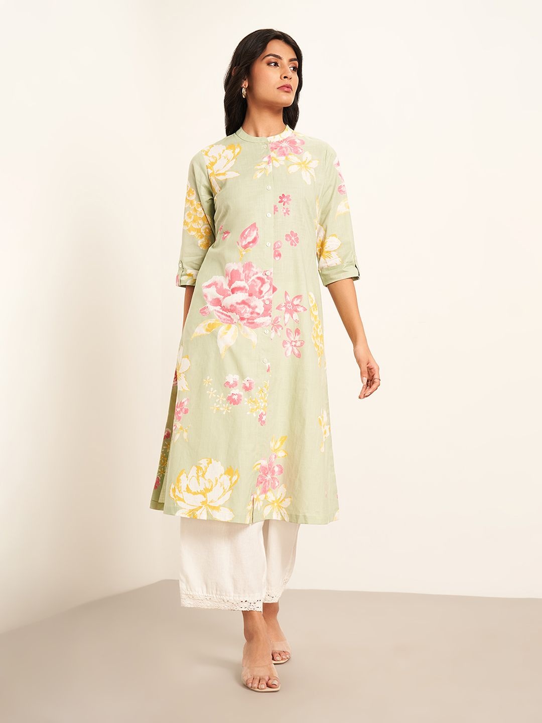 

RANGMANCH BY PANTALOONS Floral Printed Mandarin Collar Pure Cotton Straight Kurta, Olive