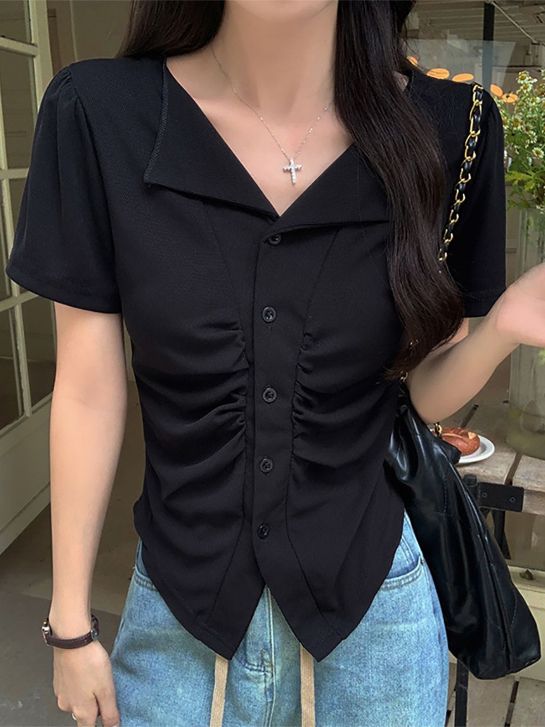 

StyleCast x Revolte Women Ruched Shirt Style Top, Black