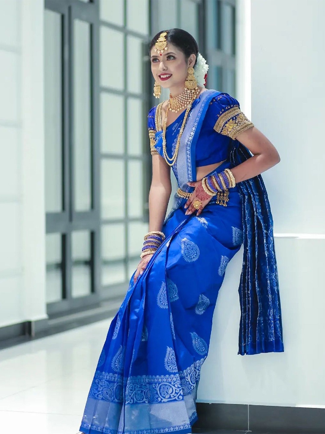 

Aika Ethnic Motifs Zari Woven Design Pure Silk Banarasi Saree, Blue