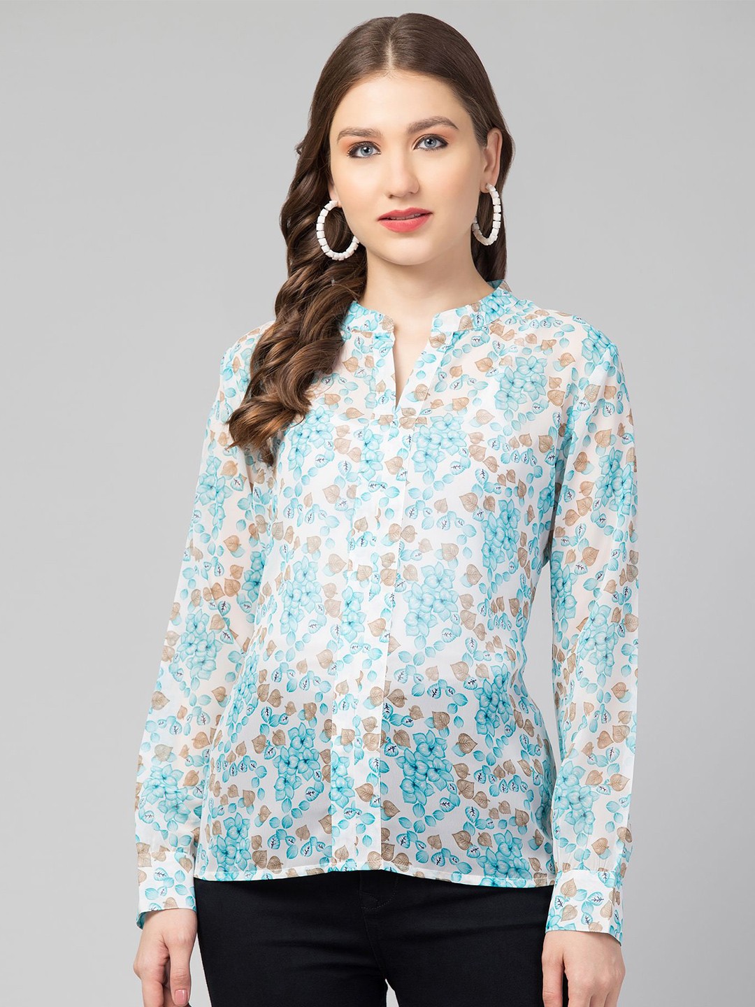 

CULPI Women Printed Mandarin Collar Georgette three-quarter Top, Blue