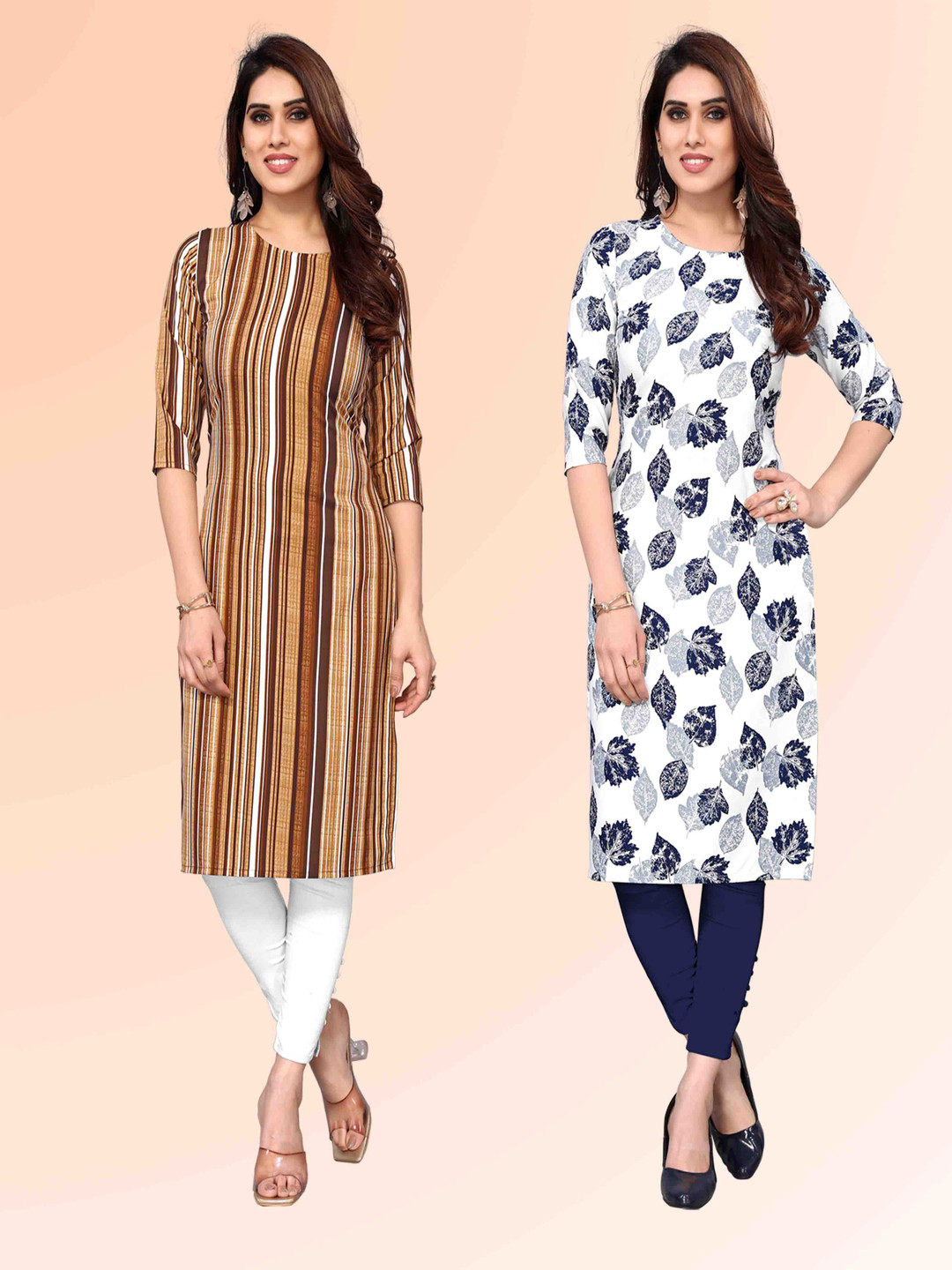 

KETAKI FASHION Selection Of 2 Striped Round Neck Straight Kurtas, Beige