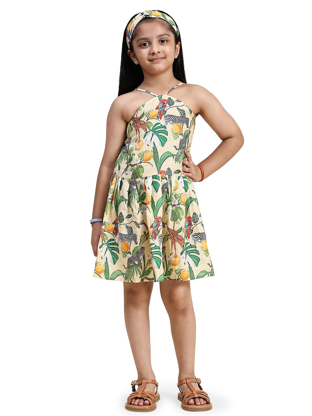 

Funny Bones Clothings Girls Printed Halter Neck Linen Fit and Flare Dress, Cream