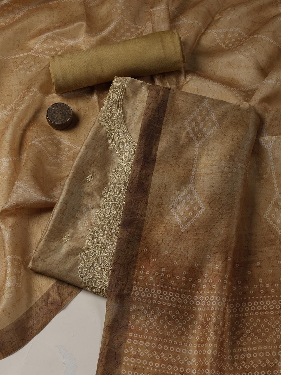 

Meena Bazaar Printed Art Silk Unstitched Dress Material, Mustard