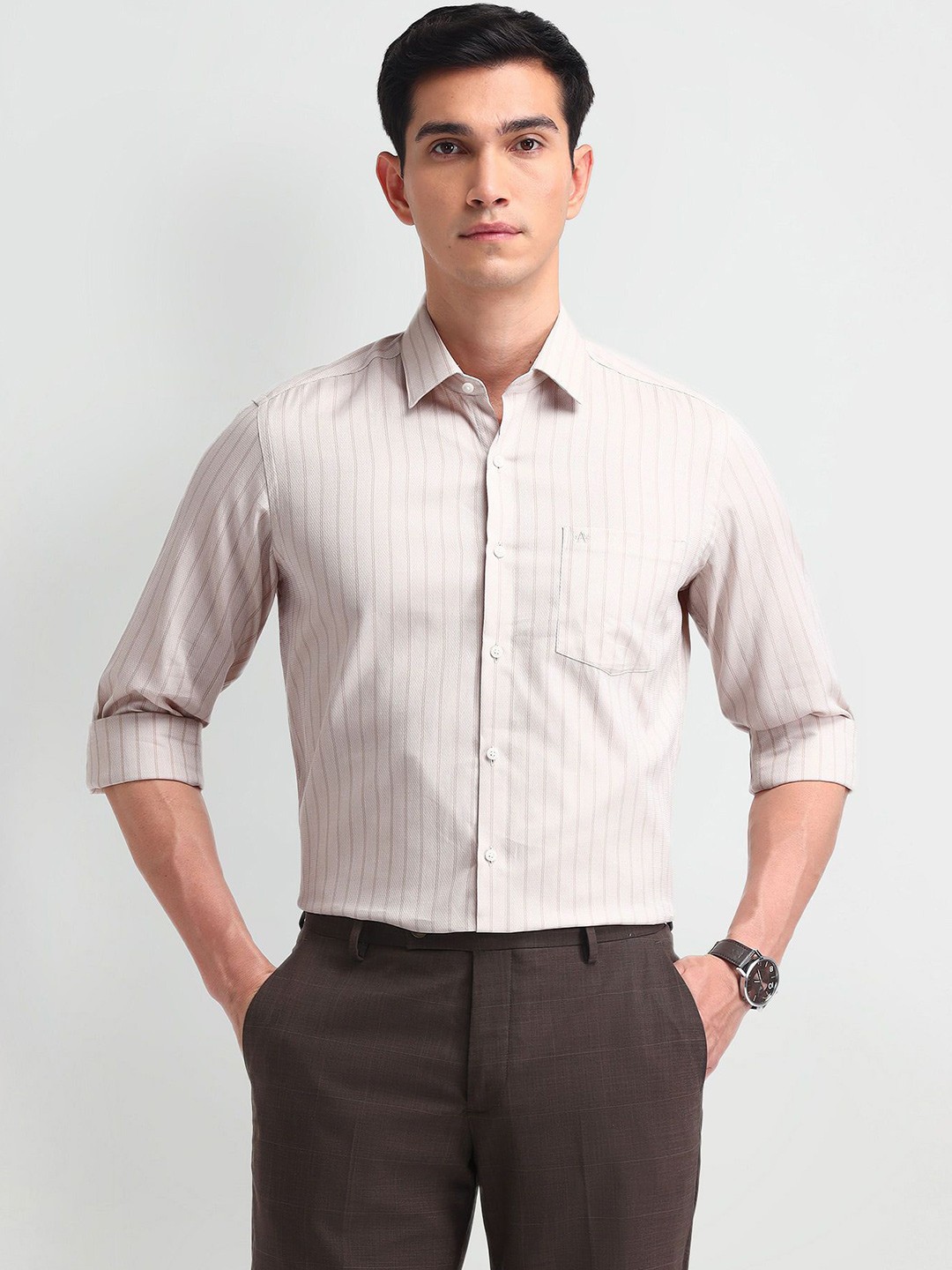 

Arrow Men Classic Slim Fit Spread Collar Vertical Striped Cotton Casual Shirt, Beige