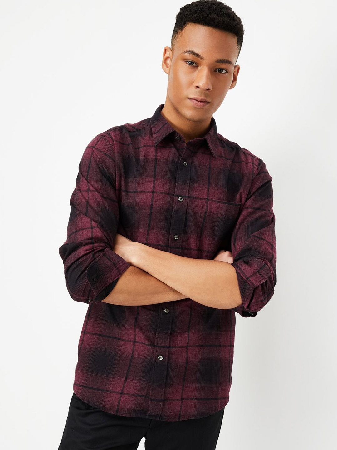 

max Men Spread Collar Tartan Checked Cotton Casual Shirt, Maroon