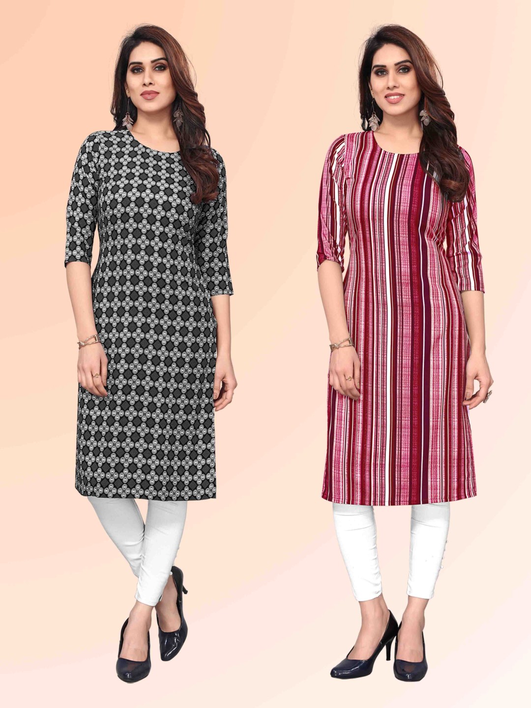 

KETAKI FASHION Selection Of 2 Ethnic Motifs Printed Round Neck Straight Kurtas, Black