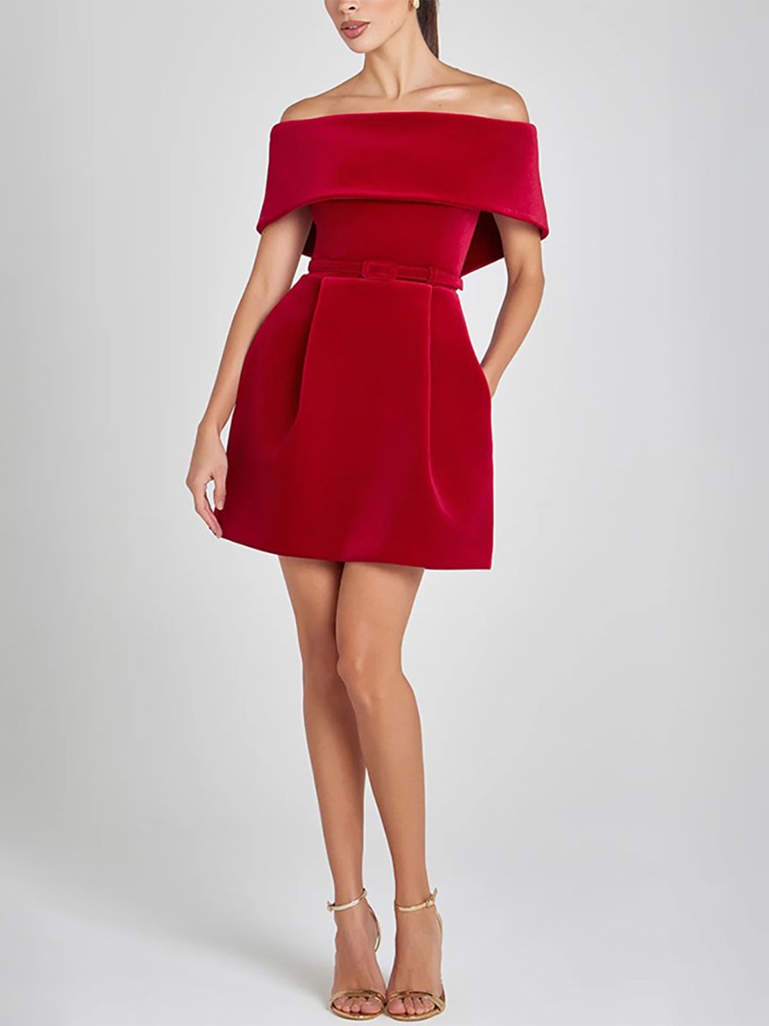 

StyleCast x Revolte Off-Shoulder Cold-Shoulder Velvet Fit & Flare Dress, Red
