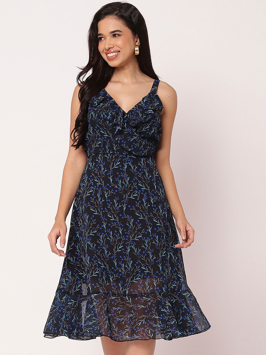 

Moomaya Women Floral Printed Shoulder Straps A-Line Dress, Black