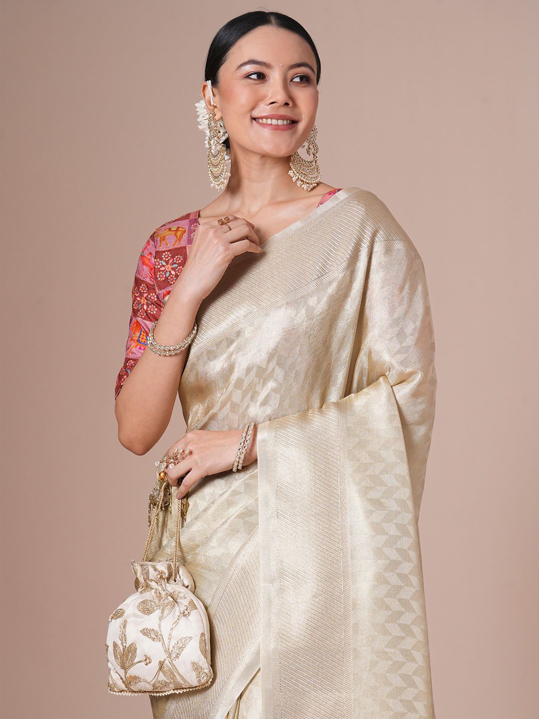 

House Of Pataudi Woven Design Festive Wear Saree With Blouse Piece, Cream