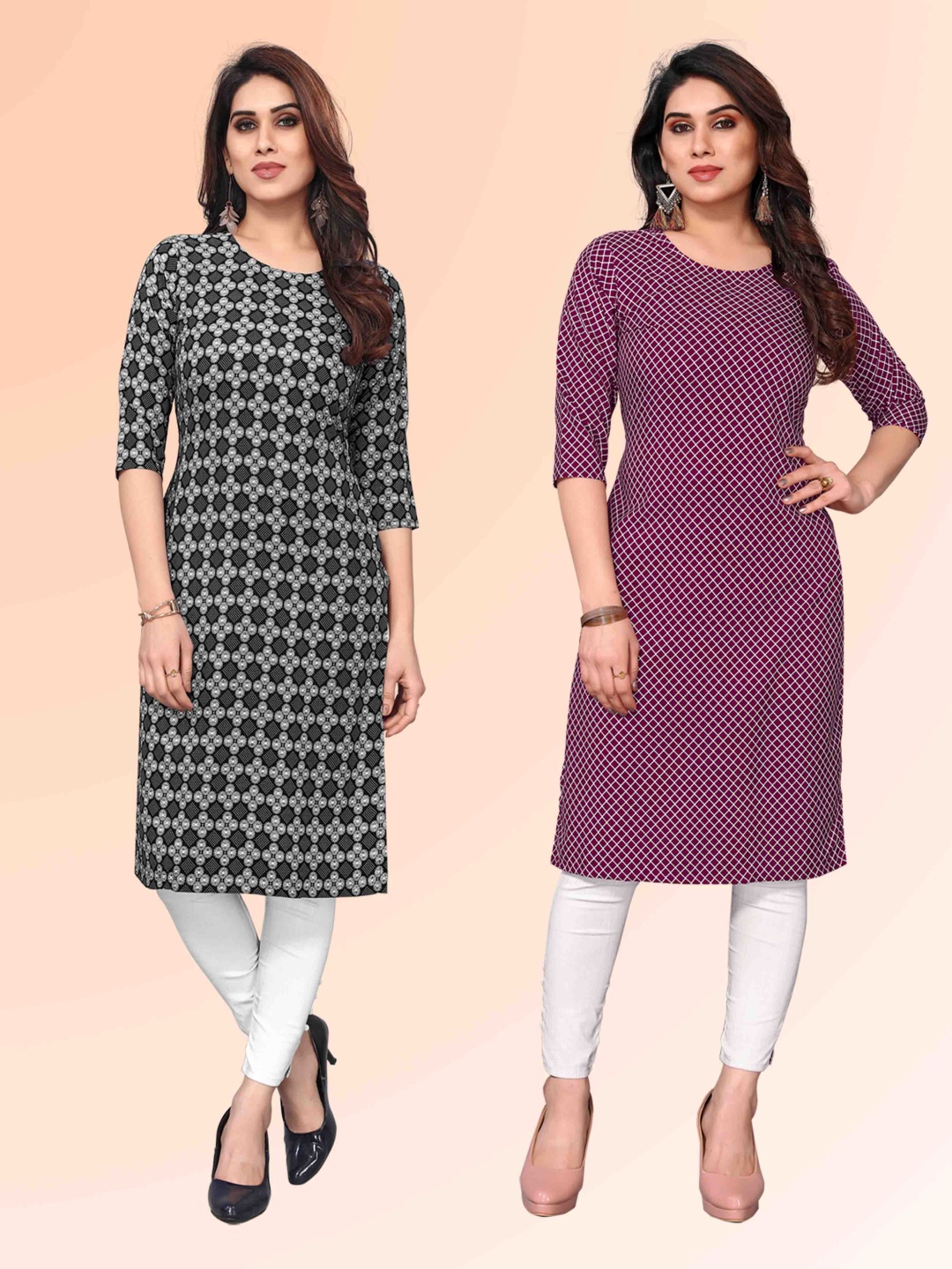 

KETAKI FASHION Selection Of 2 Geometric Printed Pure Cotton Straight Kurtas, Grey