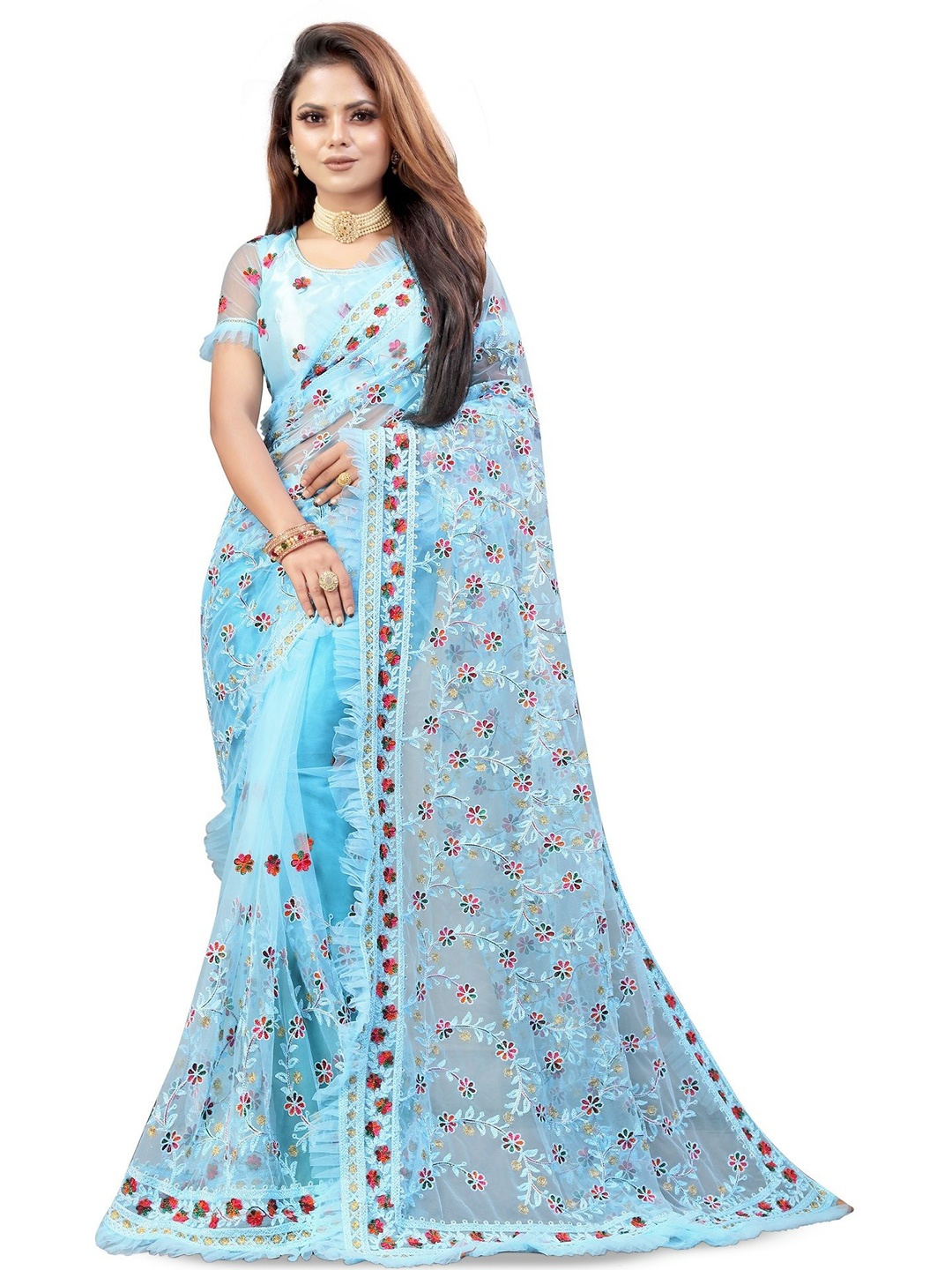 

Aika Floral Embroidered Saree, Blue