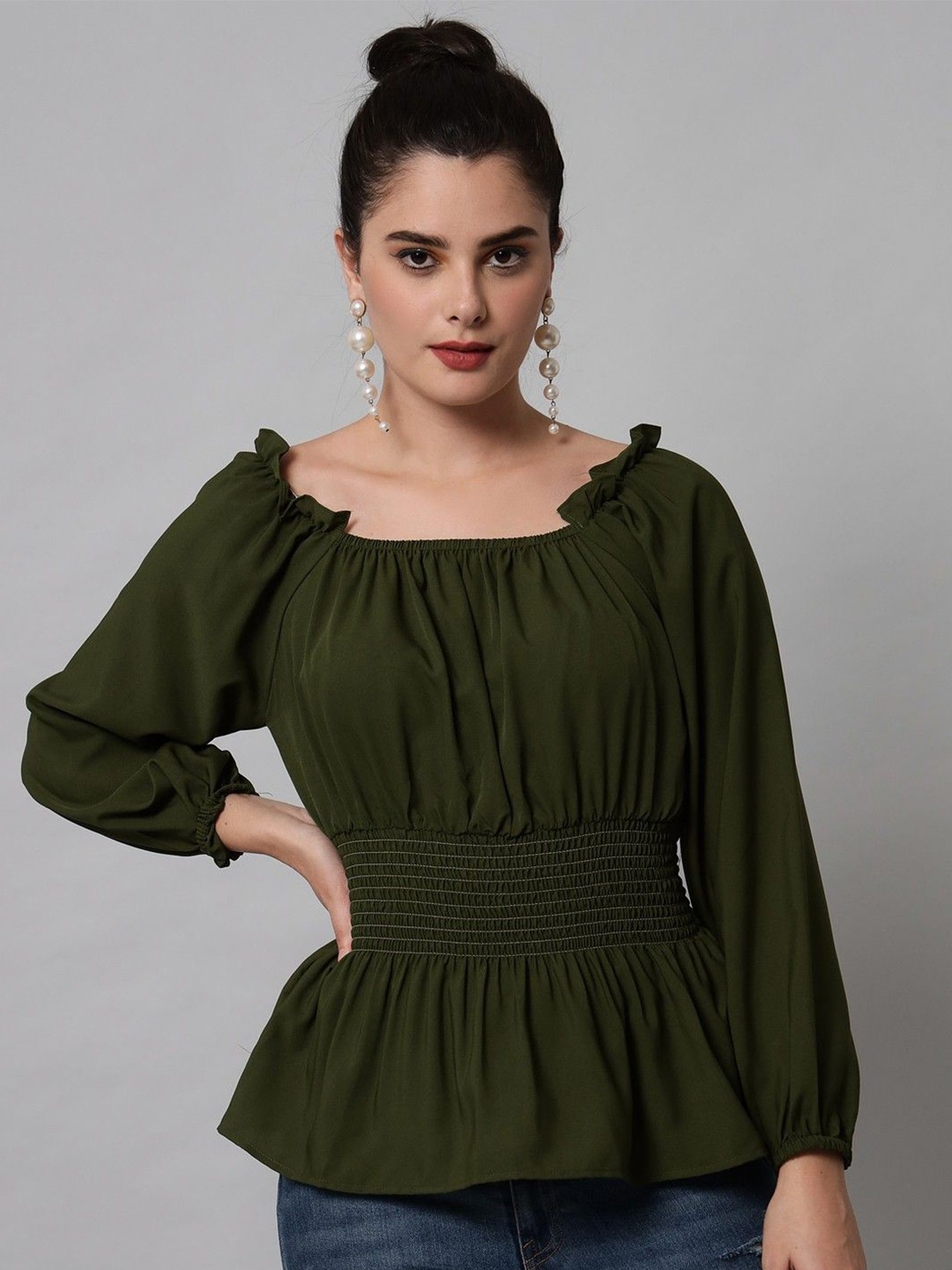 

CULPI Puff Sleeve Cinched Waist Top, Olive