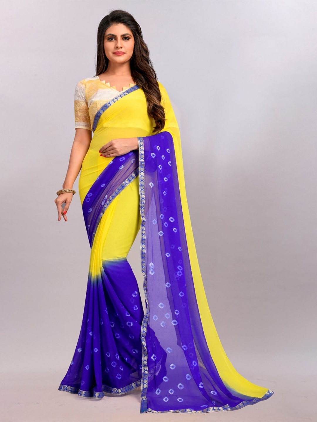 

Aika Bandhani Zari Pure Georgette Saree, Yellow
