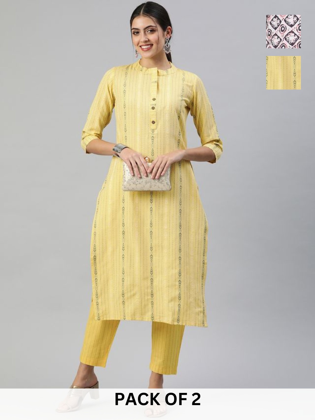 

KALINI Selection Of 2 Striped Woven Design Mandarin Collar Straight Kurta With Trousers, Yellow