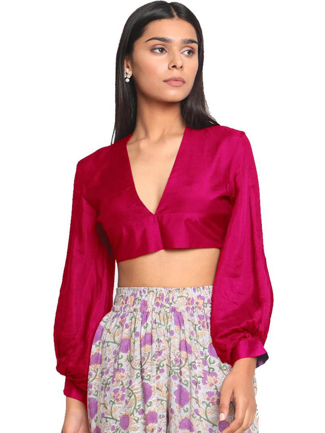 

CULPI Women Bishop Sleeves Pure Silk Crop Top, Pink